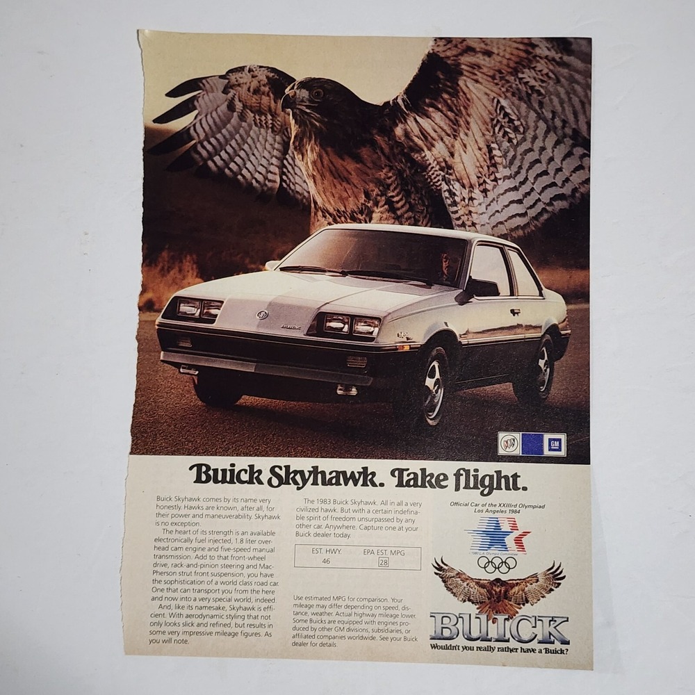 Vintage 1983 Buick Skyhawk Print Ad Olympics Los Angeles 1984 Clipping 8x10.5